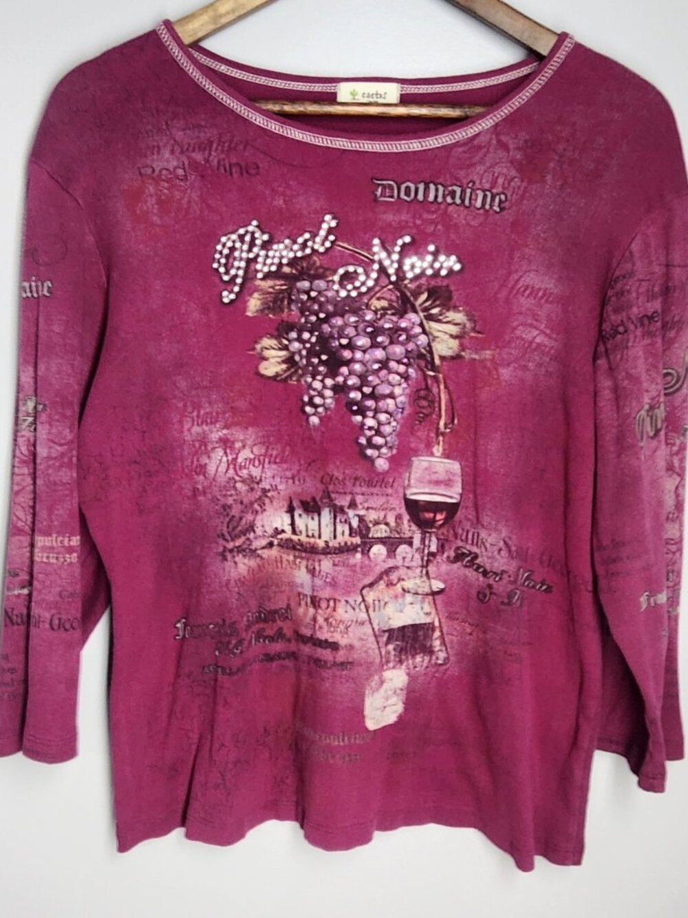 Cactus Wine Graphic Top L Cotton Rhinestone Vineyard Art Cottagecore Boho